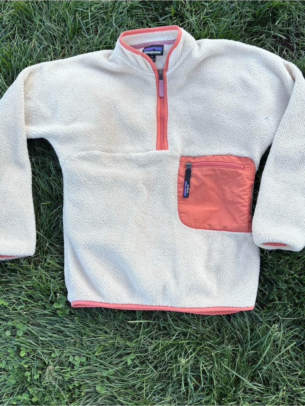 Patagonia Cream Fleece Pullover with Coral Pocket